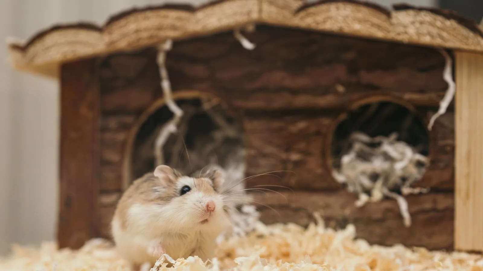 Hamster à côté d'une petite maison en bois dans sa litière