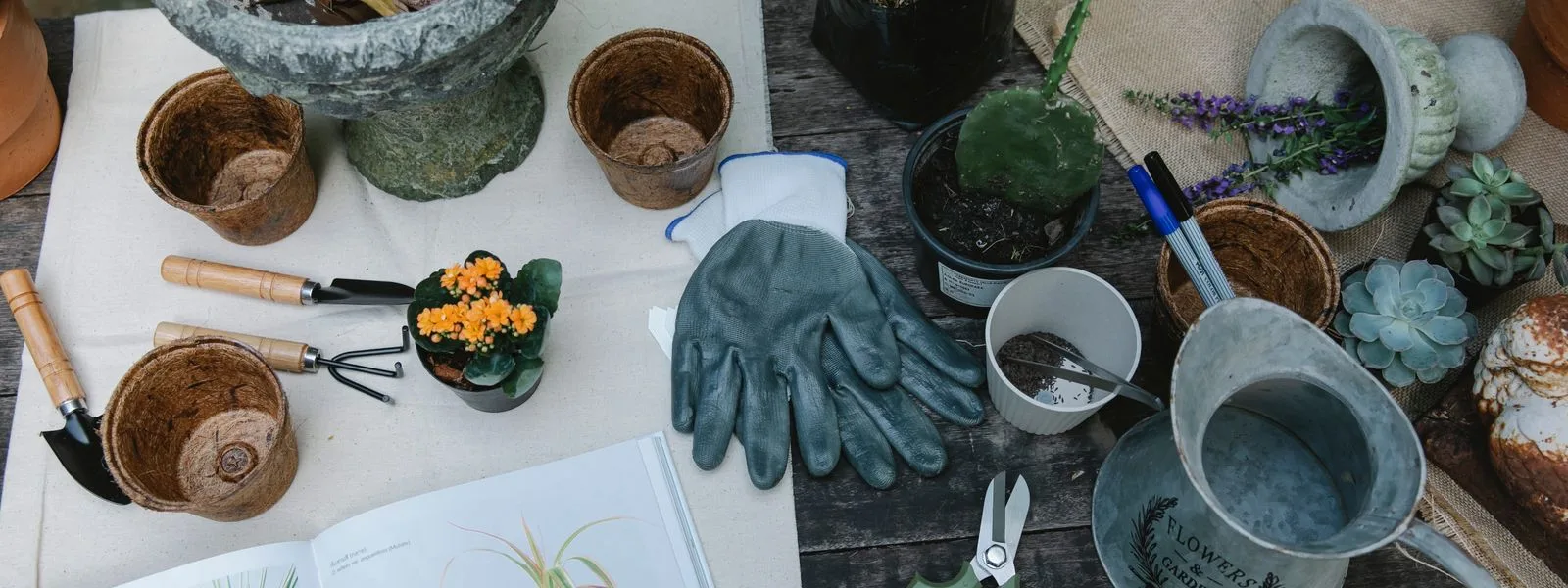 Outils de jardinage, pots et arrosoir sur une table en bois